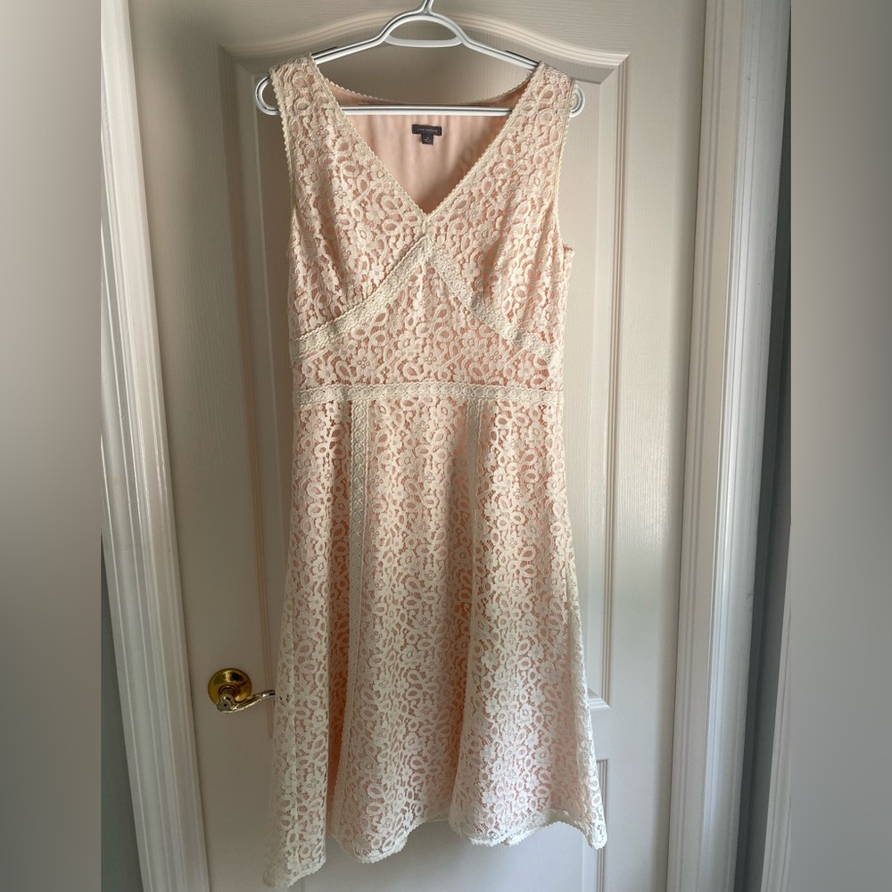 Ann Taylor Cream Sleeveless V-Neck Lace Midi Dress